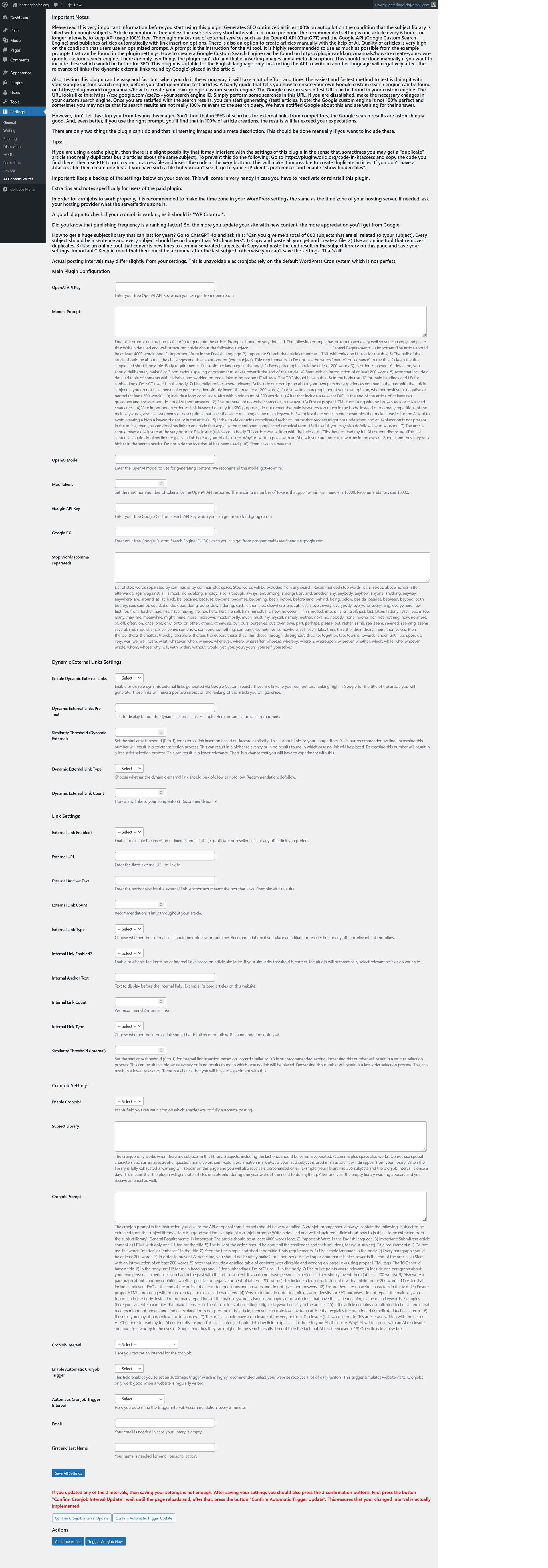 The settings of the Automatic AI Writer
